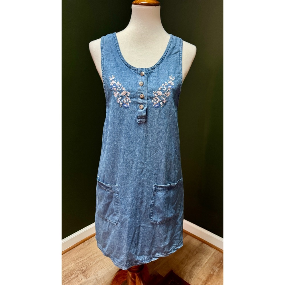 Vintage MIRAMAX 100% Cotton Floral Embroidered Denim Dress Women's M